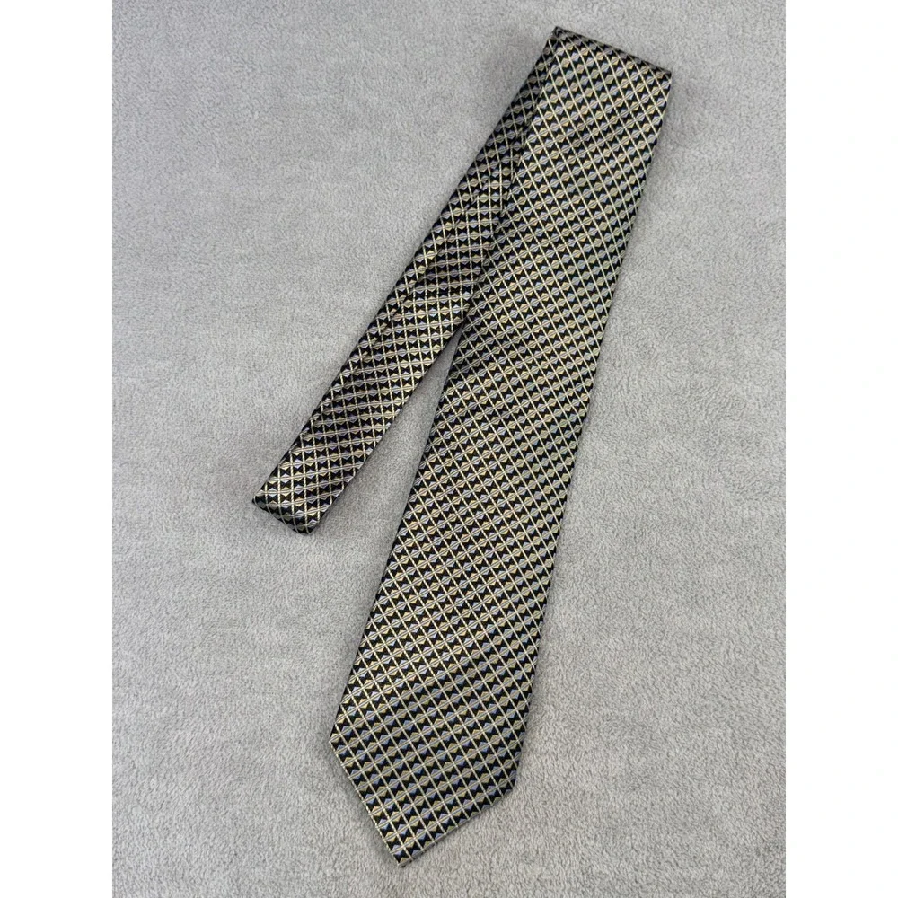 Platinum Designs Mens Silk Necktie Gold Blue Black Geometric Pattern Hand Made